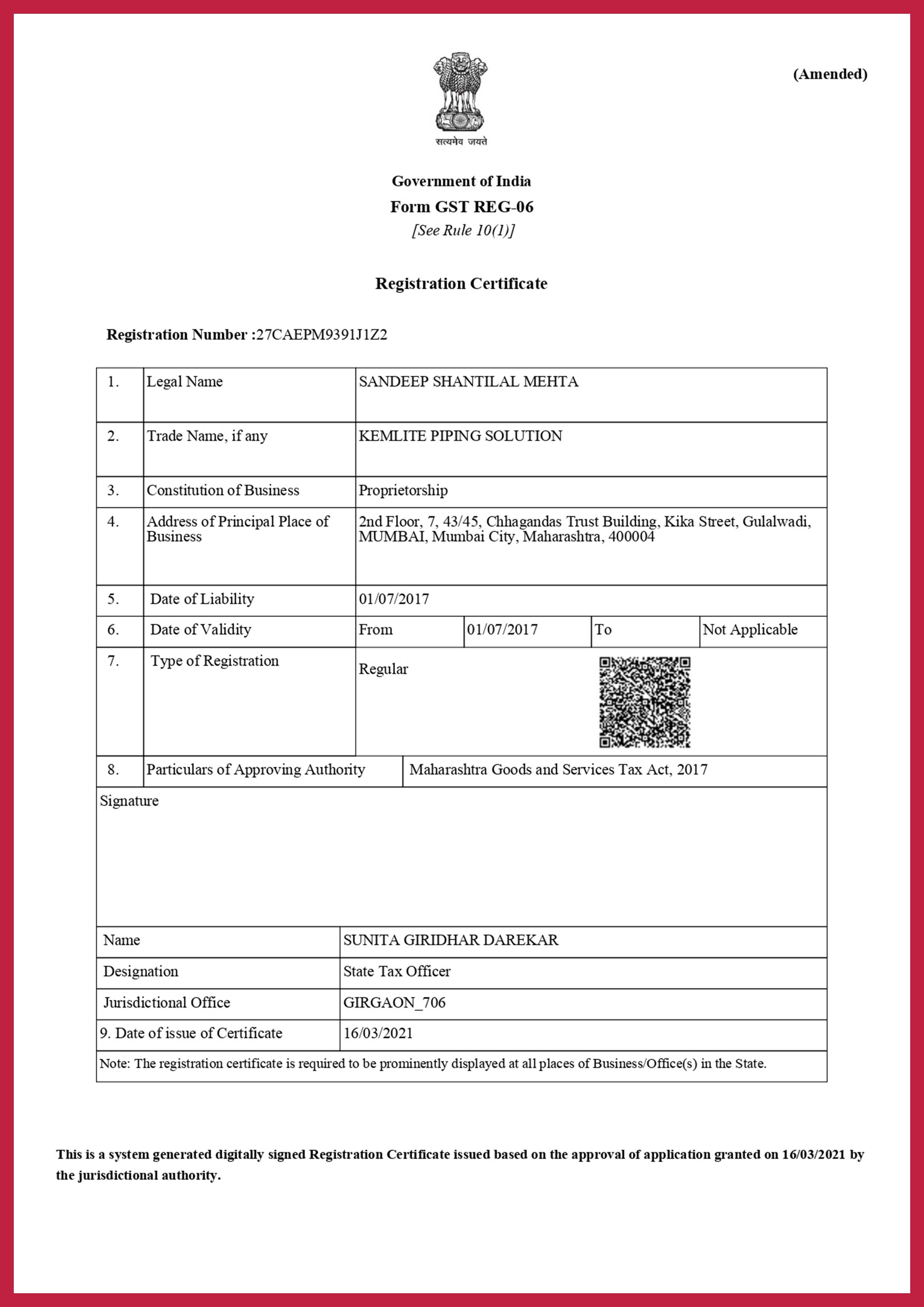 GST Registration Certificate