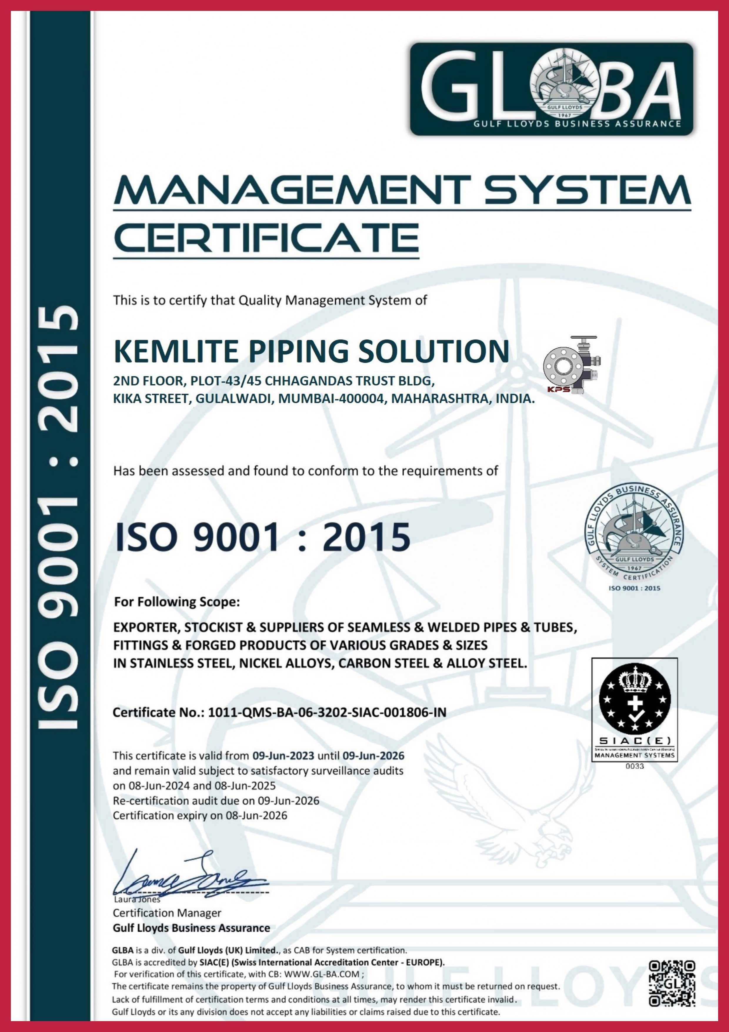 ISO 9001:2015 Certificate