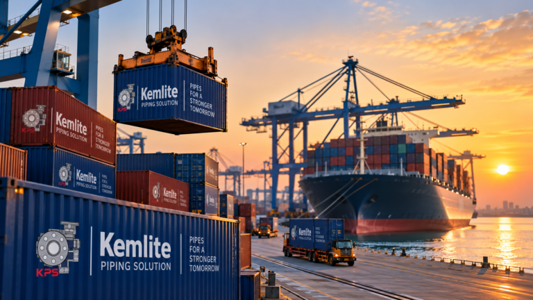 Container ship loading export cargo at an Indian port, representing pipe fittings and flanges shipped from India to the UAE