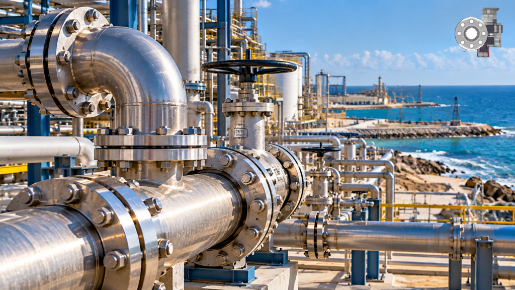 Stainless steel and duplex steel pipe fittings installed at a coastal desalination plant in Africa