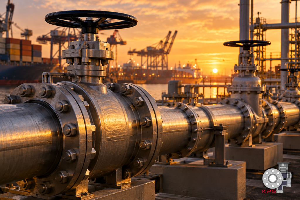 Industrial ball and gate valves installed on an oil and gas pipeline at an African port facility