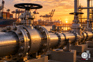 Industrial ball and gate valves installed on an oil and gas pipeline at an African port facility