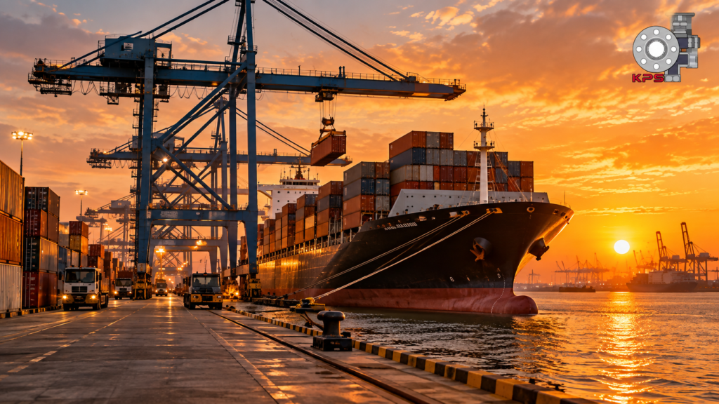 Cargo ship loading export containers of pipe fittings, flanges and valves at an African port